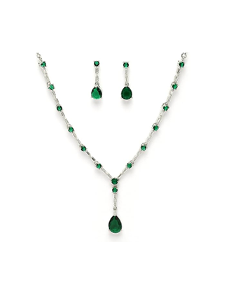 Green American Diamond Crytal Sleek Silver Plated Necklace
