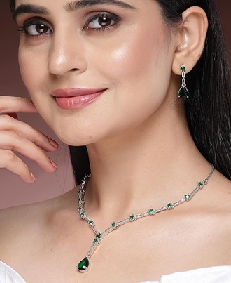 Green American Diamond Crytal Sleek Silver Plated Necklace