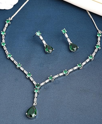 Green American Diamond Crytal Sleek Silver Plated Necklace