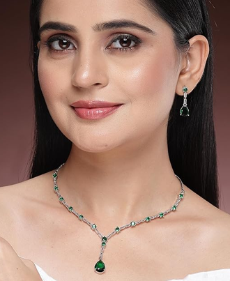Green American Diamond Crytal Sleek Silver Plated Necklace