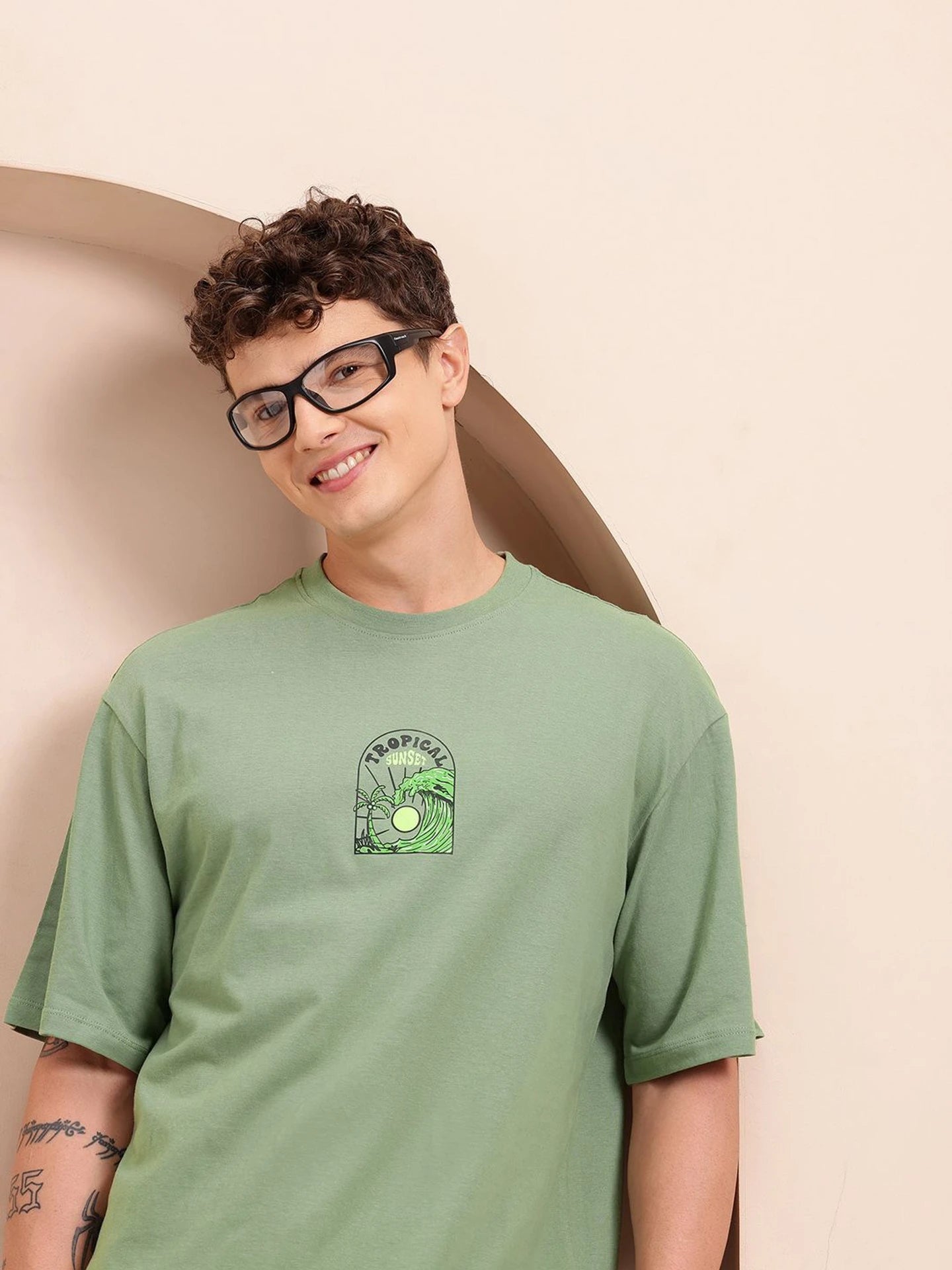 Mast & Harbour Men Printed Round Neck Pure Cotton Green T-Shirt
